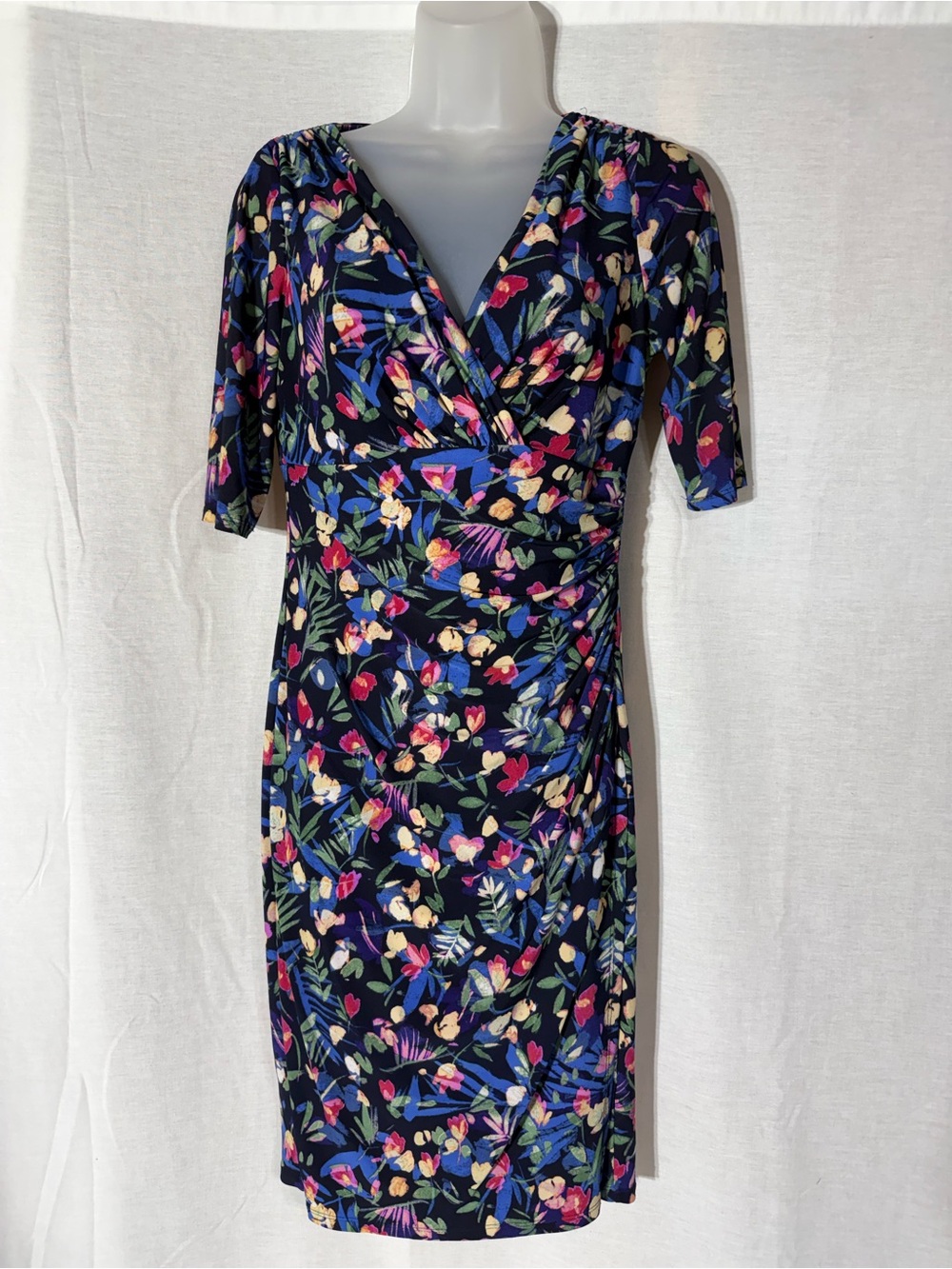 Lauren Ralph Lauren Navy Floral V-Neck Midi Dress Size 4